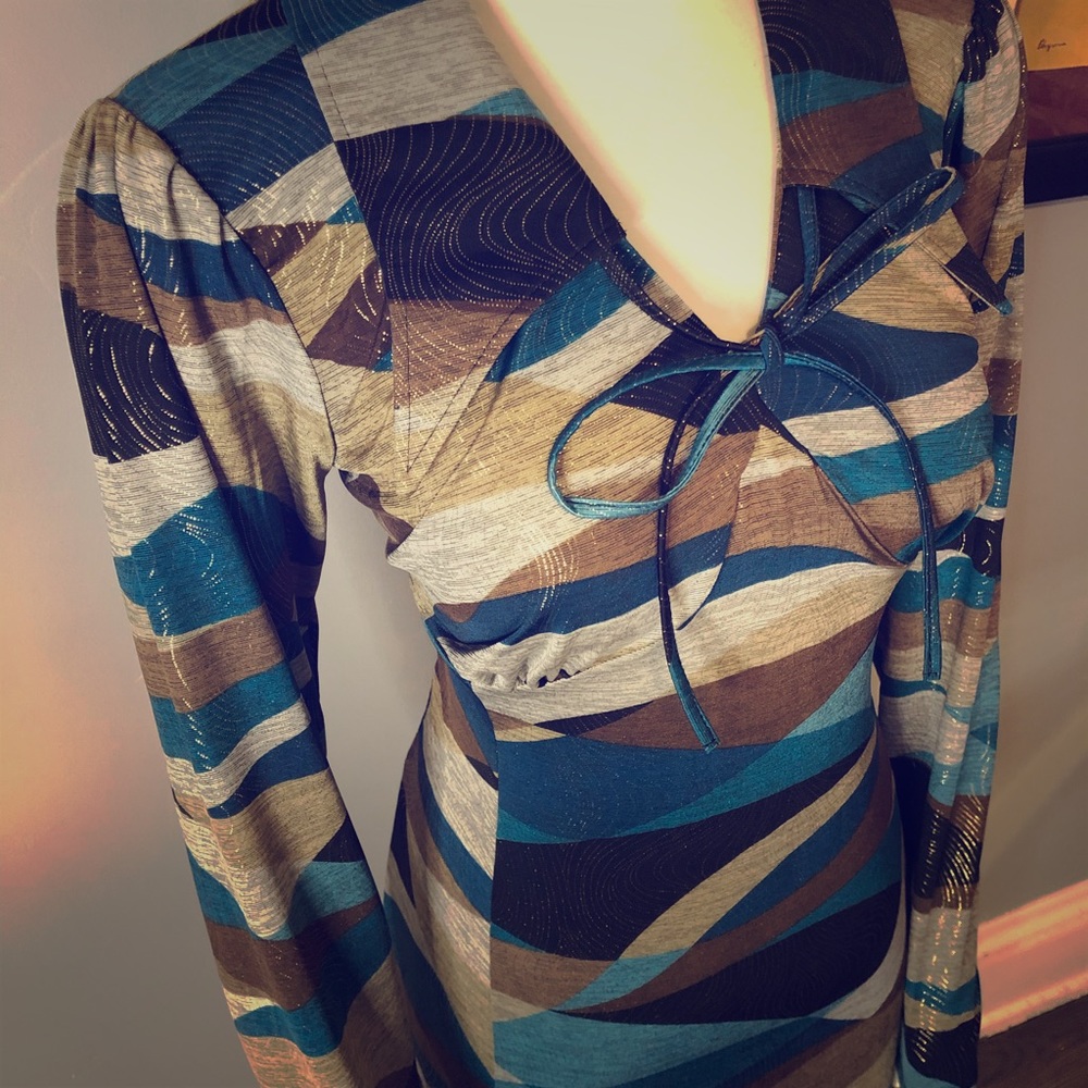 Vintage Mod Retro Turquoise Dress 70s Long Sleeve